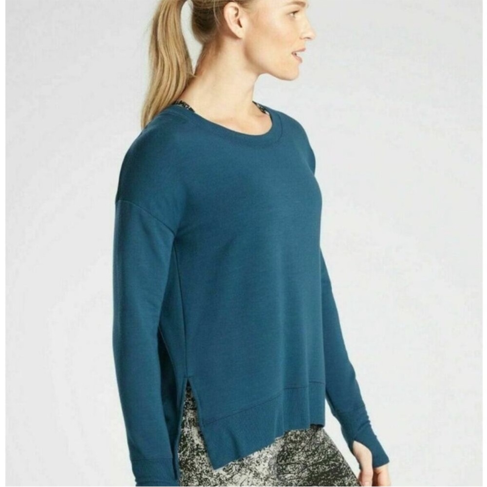 Athleta Coaster Luxe Sweatshirt Size Small Teal Long Sleeve Pullover Thumb Holes